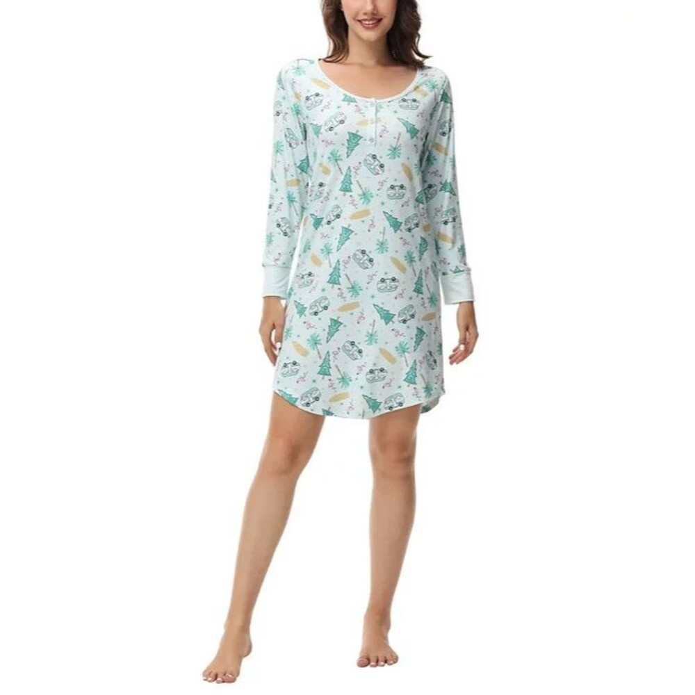 INK+IVY Long Sleeve Henley Tropical Christmas Print Sleepshirt Nightgown Size M